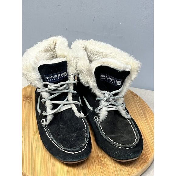 Sperry Top Sider Boots‎ Womens 7M MacKenzie Faux Fur Black Moccasin Ankle Bootie - Picture 1 of 7